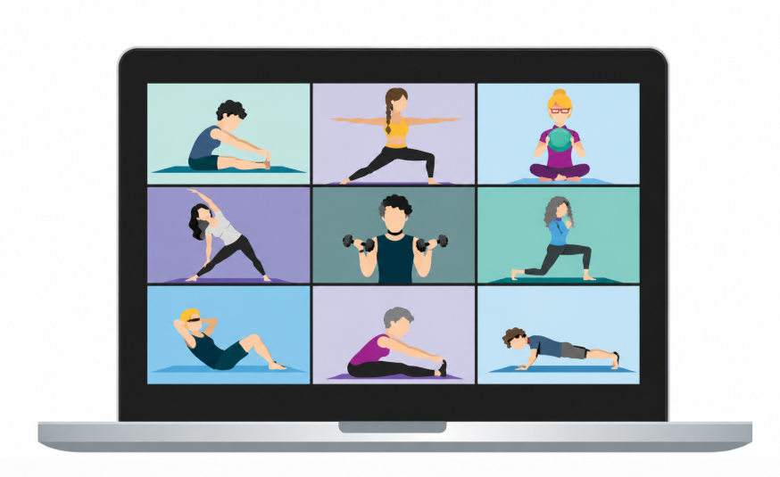 Online fitness class on a laptop screen